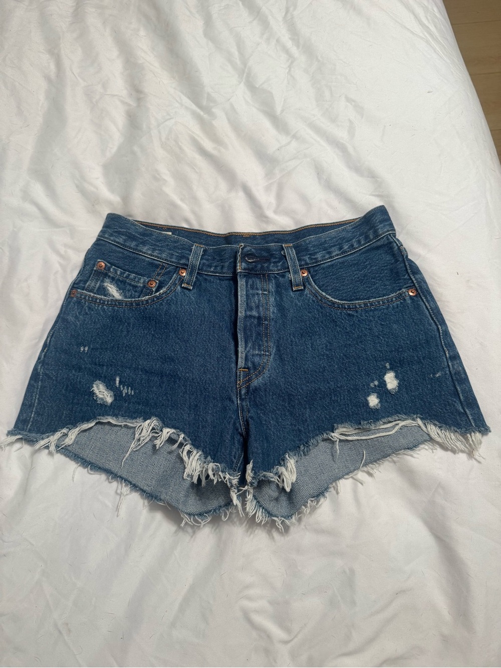 Levi's Distressed Dark Blue High-Rise Denim Shorts